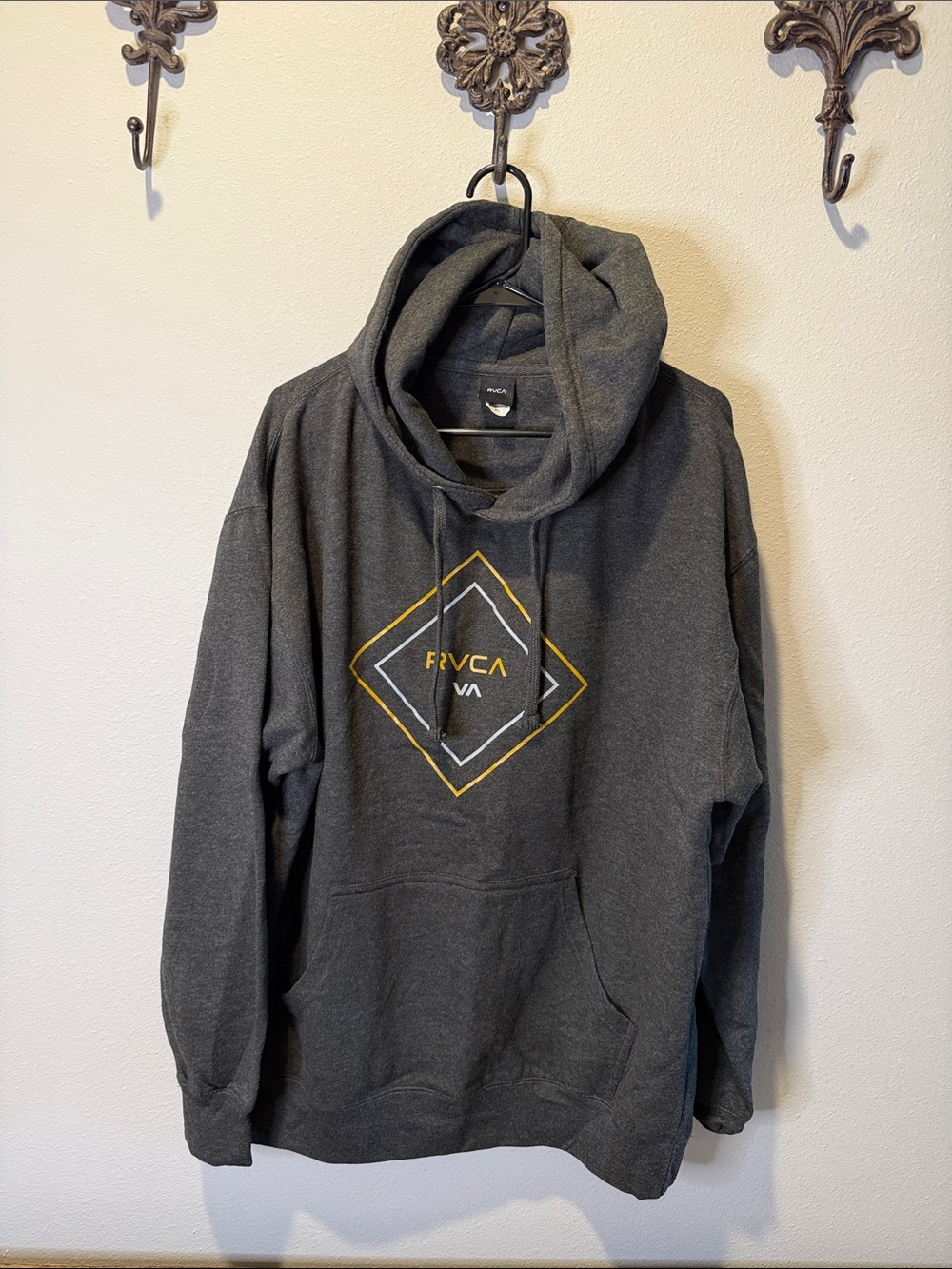 RVCA Dark Gray Pullover Hoodie with Yellow Diamond Logo